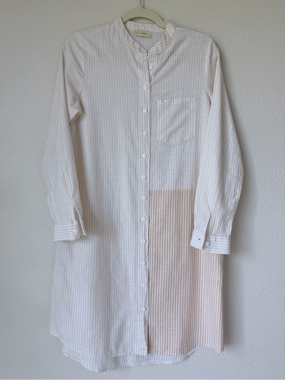 A Point 100% Cotton Striped Tunic Shirt Dress Mandarin Collar Size 38 Boho